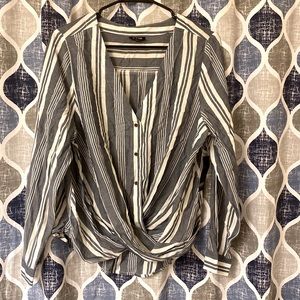 Blue grey stripped long sleeve wrap around blouse